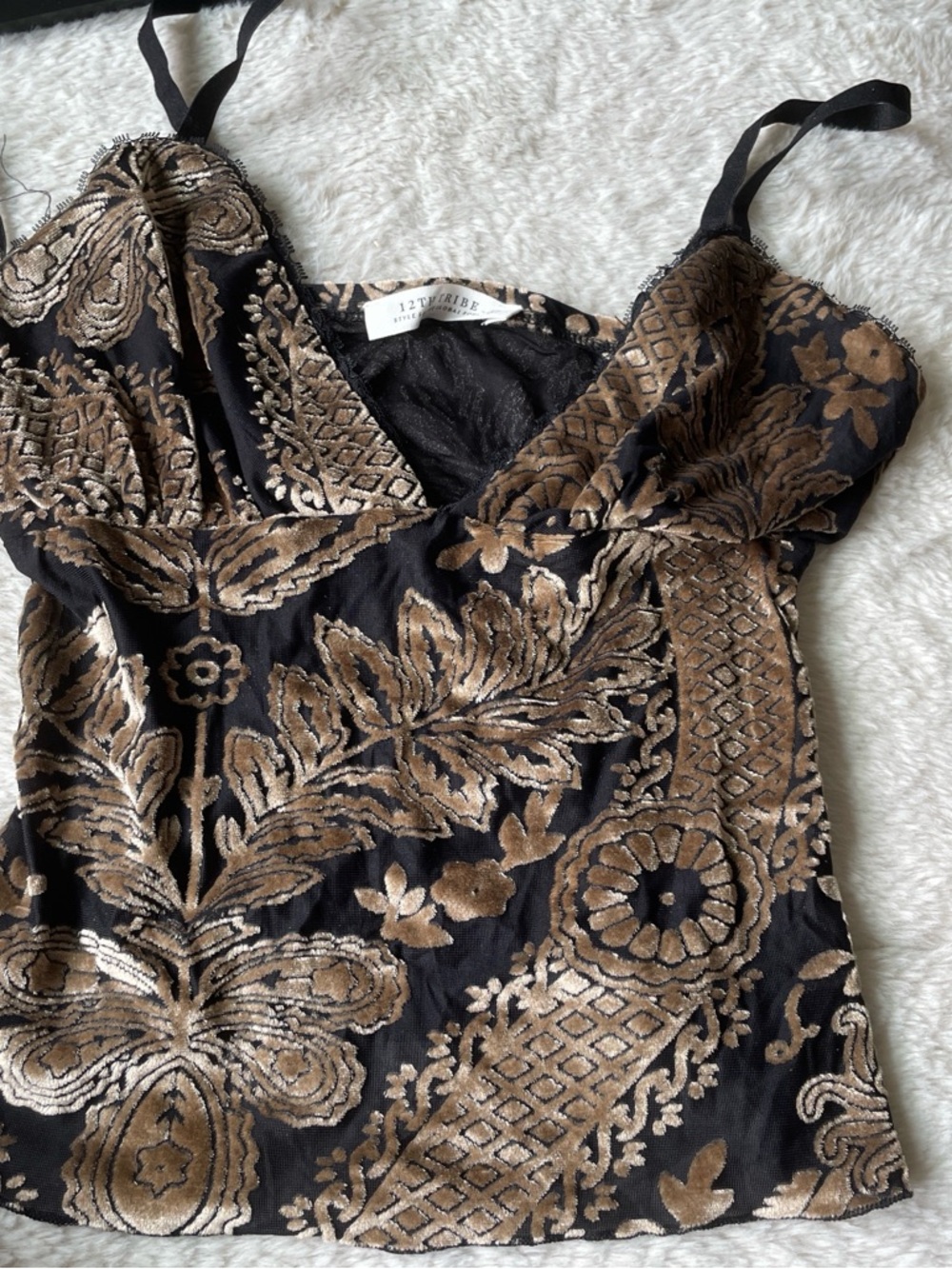 12th Tribe Black Cami with Gold-Tan Burnout Floral Trim